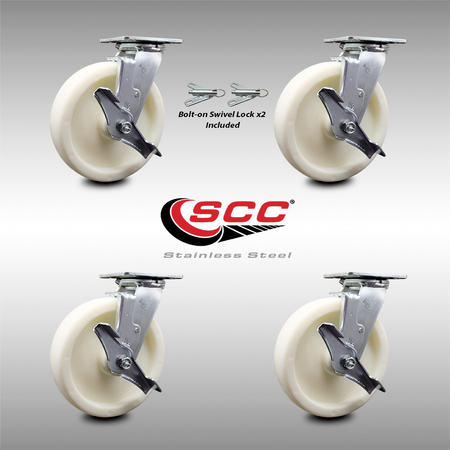 Service Caster 8 Inch Stainless Steel Nylon Caster Set with Ball Bearings 4 Brake 2 Swivel Lock SCC-SS30S820-NYB-TLB-BSL-2-TLB-2